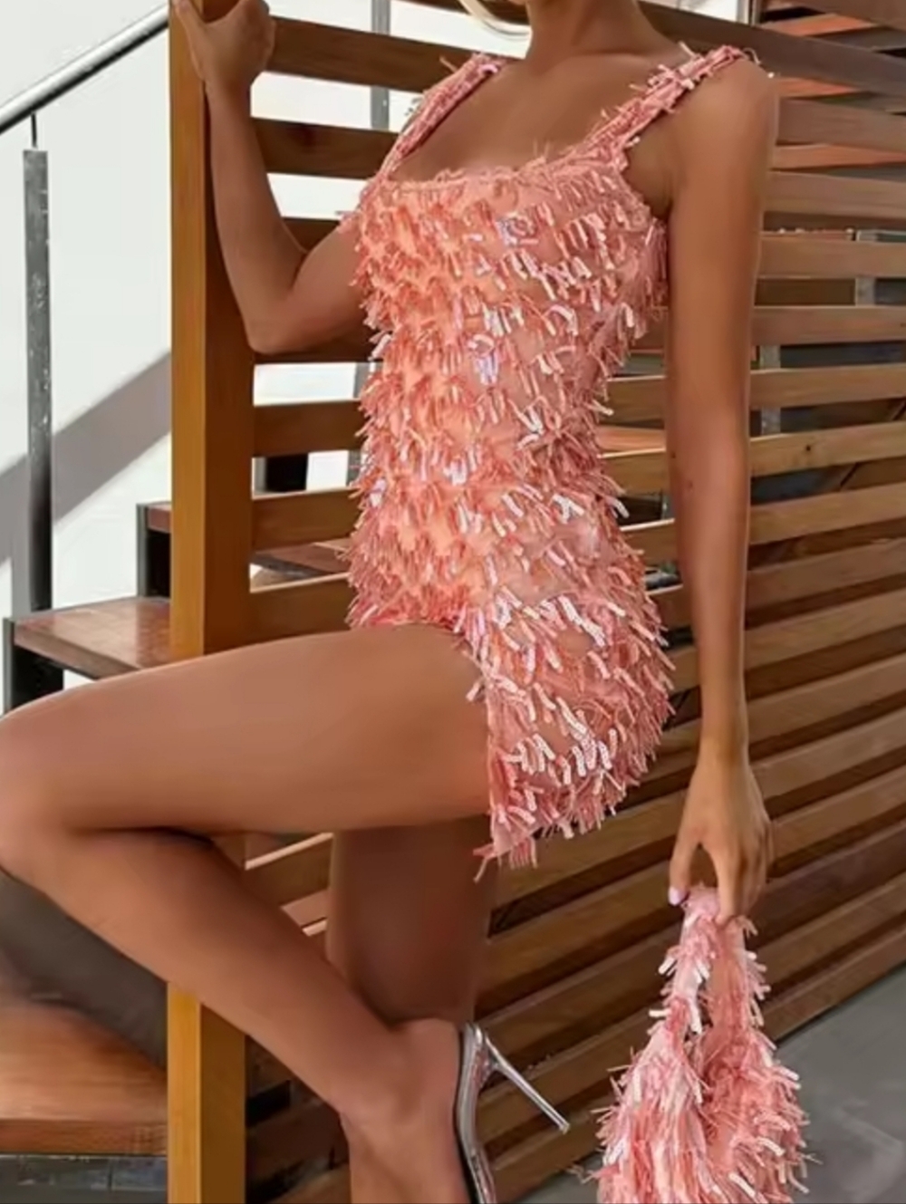 Peach Fringe Sequin Mini Dress